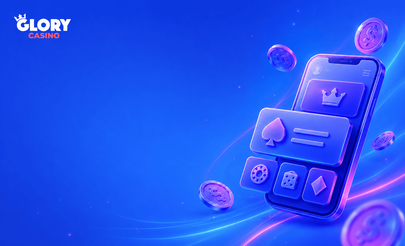 Glory Casino app page background with a smartphone, game cards, 3D coins, and neon light trails